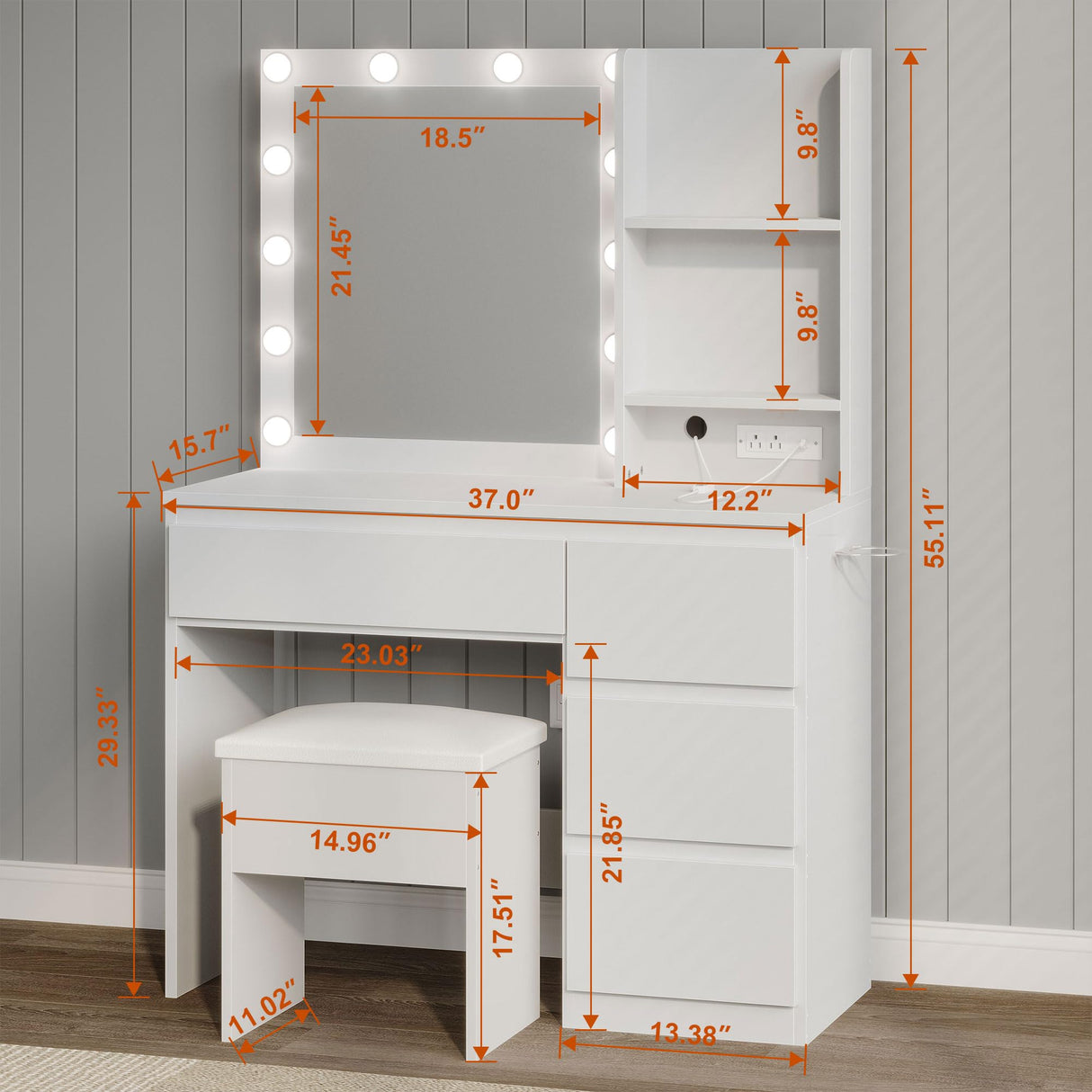 Decofy Vanity Desk with Mirror and 12 LED Lights, Makeup Vanity Table with USB & Power Outlets, 4 Drawers and Hairdryer Holder, Padded Stool with Storage, White Decofy