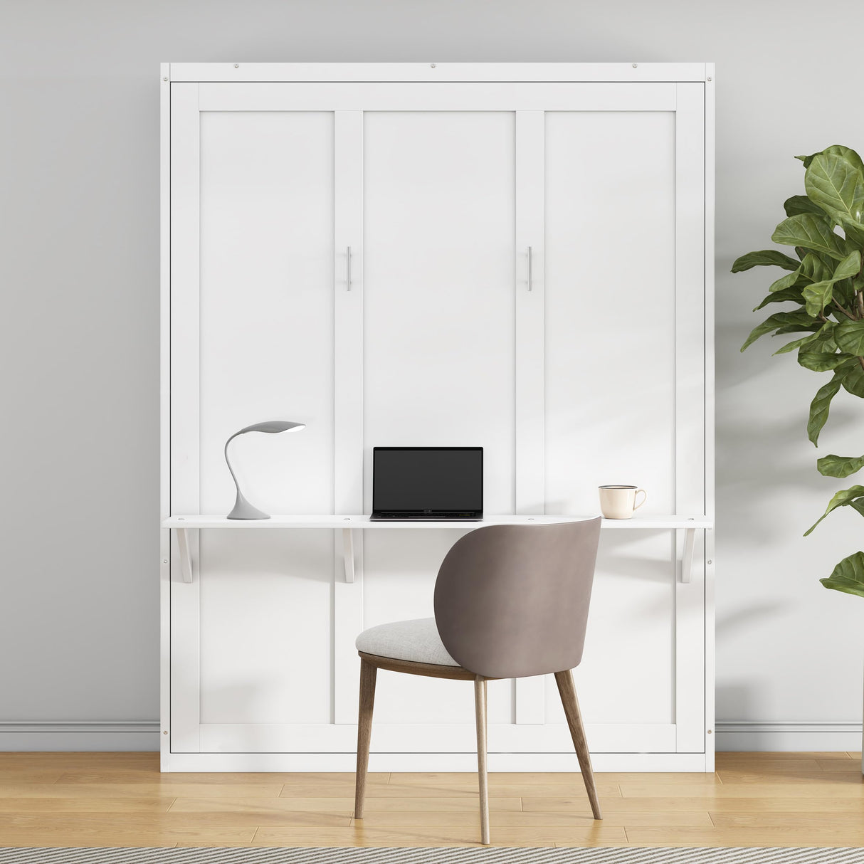 SOFTSEA Queen Murphy Bed Cabinet with Desk, 68 inch Combo Murphy Bed, Queen Size Foldable Wall Bed for Guestroom Study Room Bedroom, Home Office Wood Bed Frame, White SOFTSEA