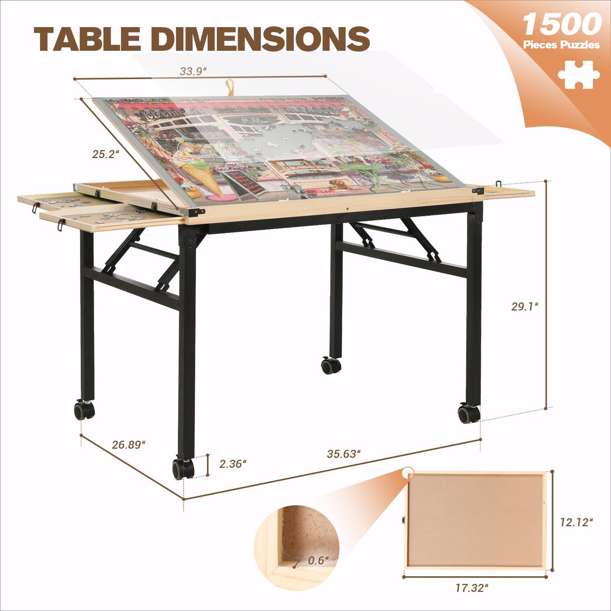 Puzzle Table with Drawers 1500 Piece Rotating Jigsaw Puzzle Board with Cover 35”x27” Portable Puzzle Tables for Adults Birthday Gift for mom Women JoyPcsTable