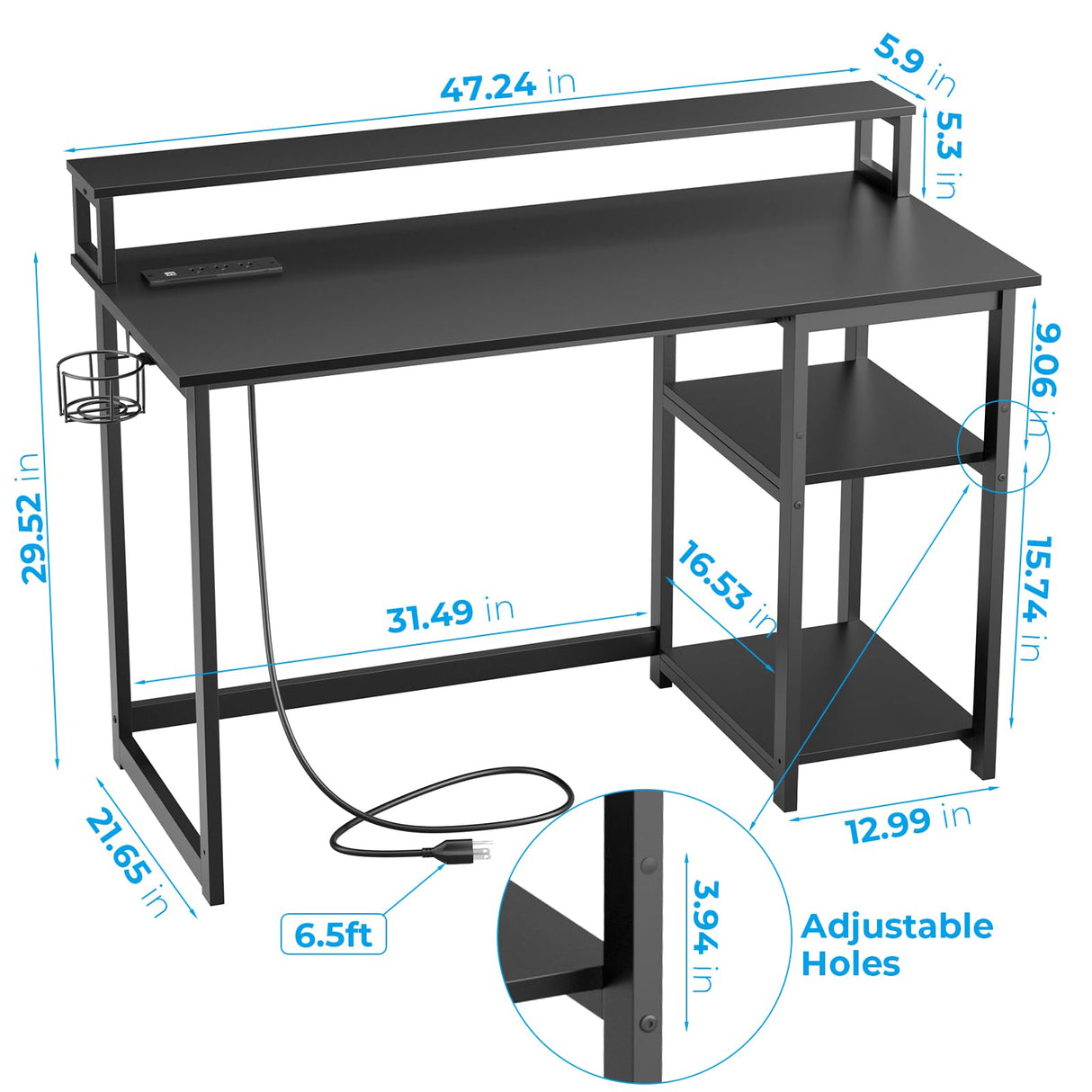 GreenForest 47 inch Gaming Desk with Power Outlets, Small Home Office Desk with Ergonomic Monitor Stand, Reversible Computer Desk, Modern Study Desk, Laptop Desk,Black GreenForest