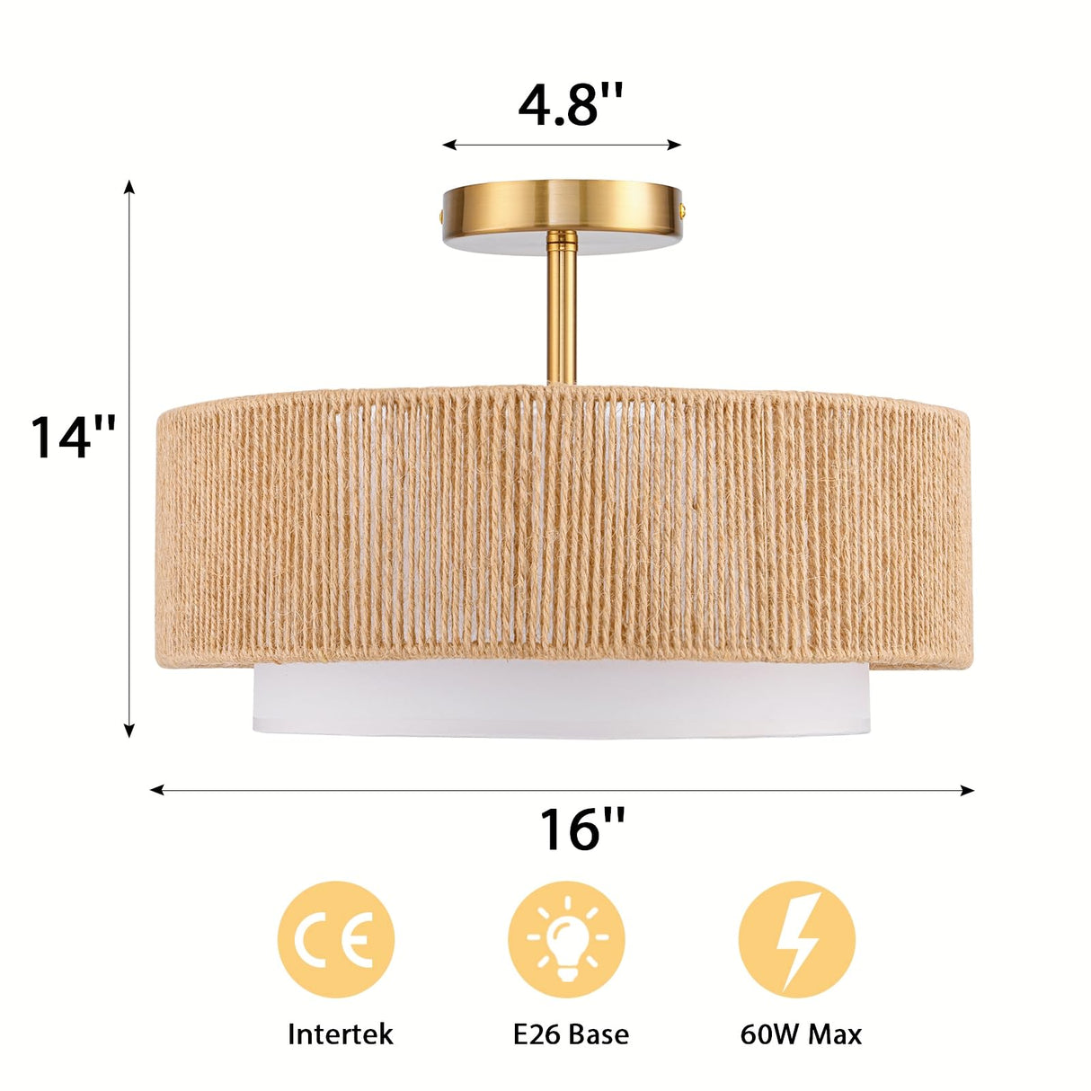 SineRise 16'' Rattan Flush Mount Ceiling Light Fixture,2-Tier Drum Hand-Woven Boho Flush Mount Ceiling Light,Farmhouse Light Fixture for Living Room,Kitchen,Bedroom Foyer Entryway ect. SineRise