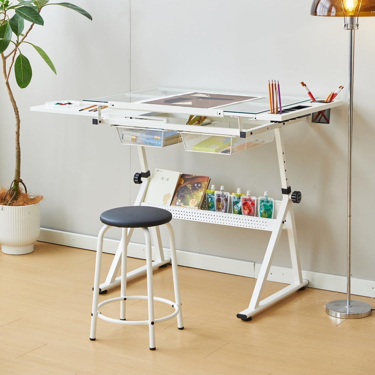 Drafting Table w/Stool, Height Adjustable Drawing Table, Multifunctional Art Craft Paintings Work Station w/2 Storage Drawers Artists Desk Tilting Glass Tabletop for Home Office White MilleLoom