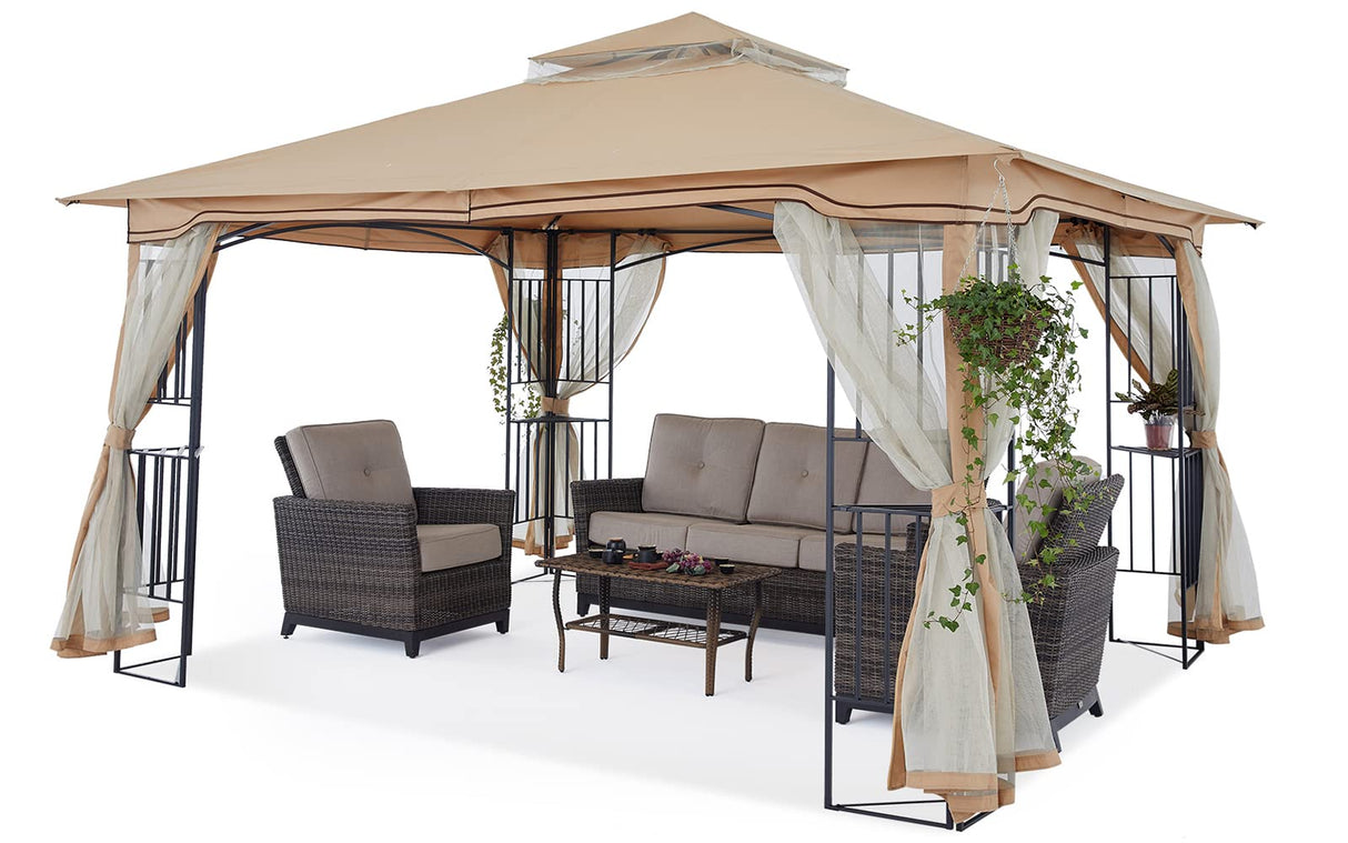MASTERCANOPY Patio Outdoor Gazebo with Netting Screen Walls and Corner Shelf Design (11x11,Beige) MASTERCANOPY