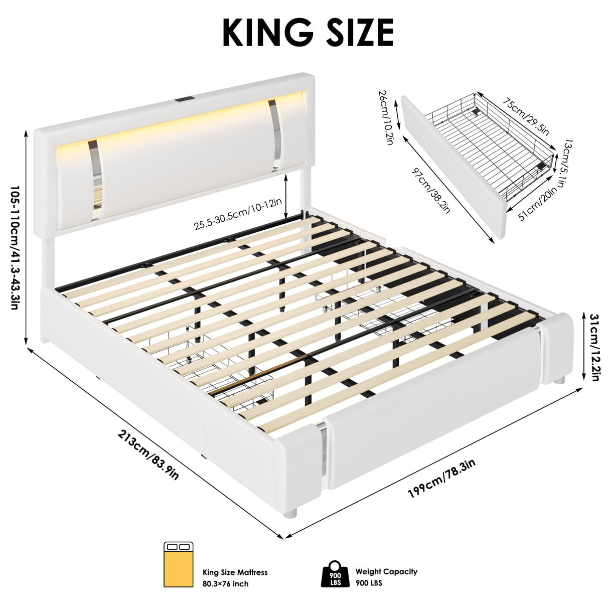 Keyluv King Size Upholstered Platform Bed with RGB LED Lights, Storage Drawers, and USB Charging Ports Keyluv