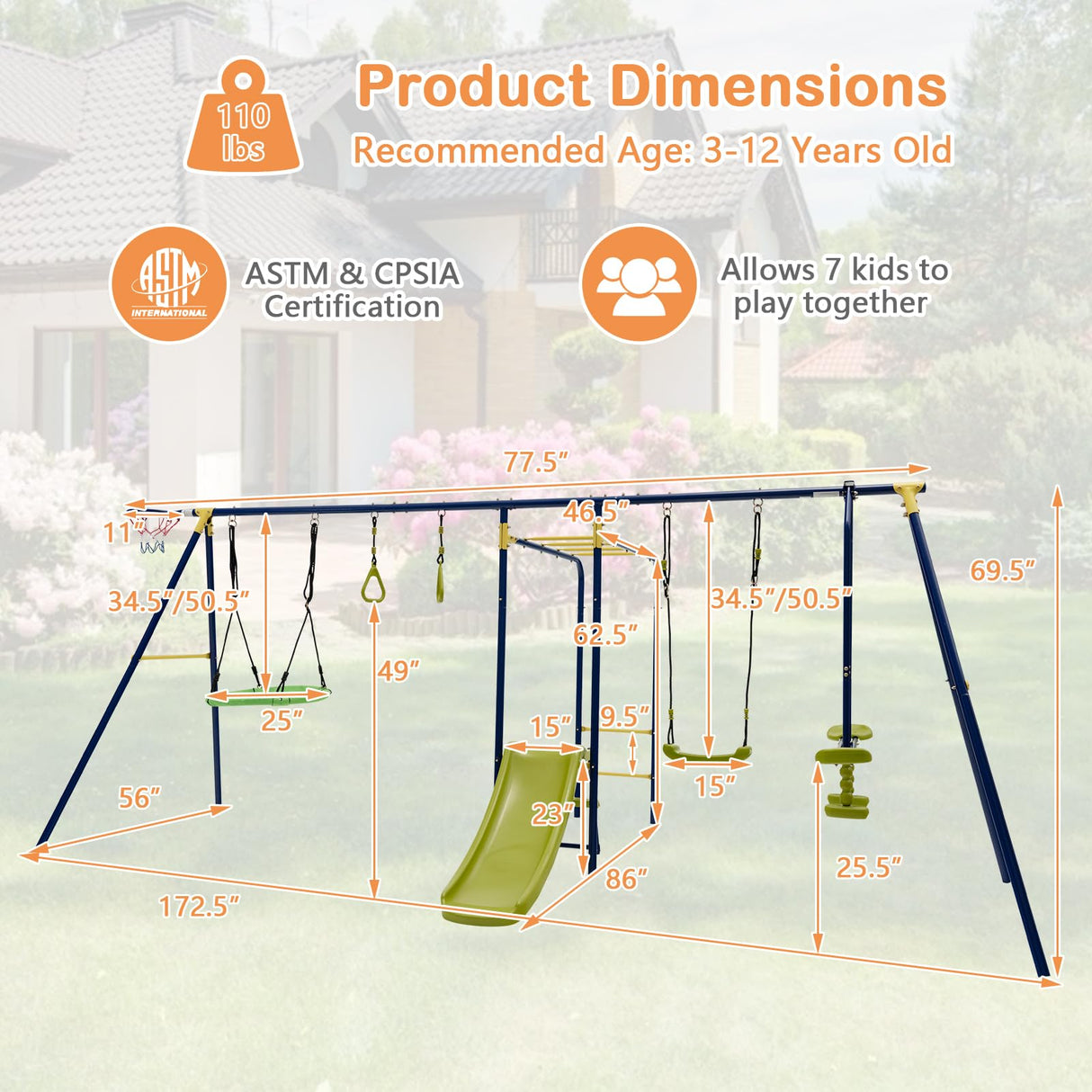 HONEY JOY Swing Set, 660lbs 7-in-1 Heavy Duty Swingset Outdoor for Kids w/A-Frame Metal Swing Stand, 2 Swings, Glider, Gym Rings, Slide, Monkey Bar, Basketball Hoop, Swing Sets for Backyard HONEY JOY