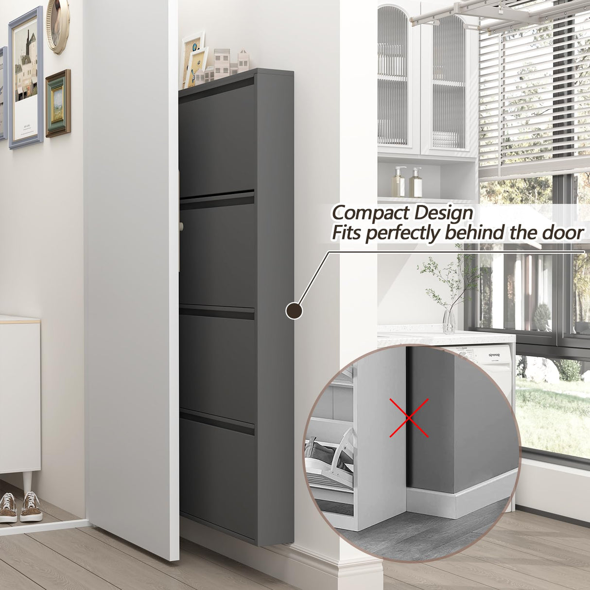 GREATMEET Black Shoe Cabinet Storage for Entryway, Narrow Shoe Cabinet for Entryway Slim, Wall Mounted Metal Hidden Shoe Organizer with 4 Flip Drawers GREATMEET