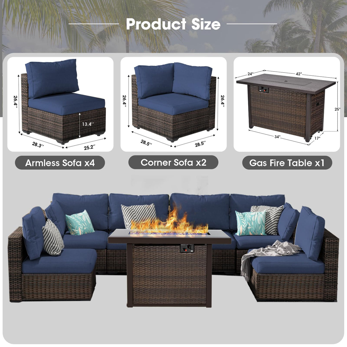 Grezone Patio Furniture Set,7 Piece Patio Furniture Set with Fire Pit Table,PE Wicker Rattan Sectional Sofa Patio Conversation Set with Thickened Cushions, Blue Grezone