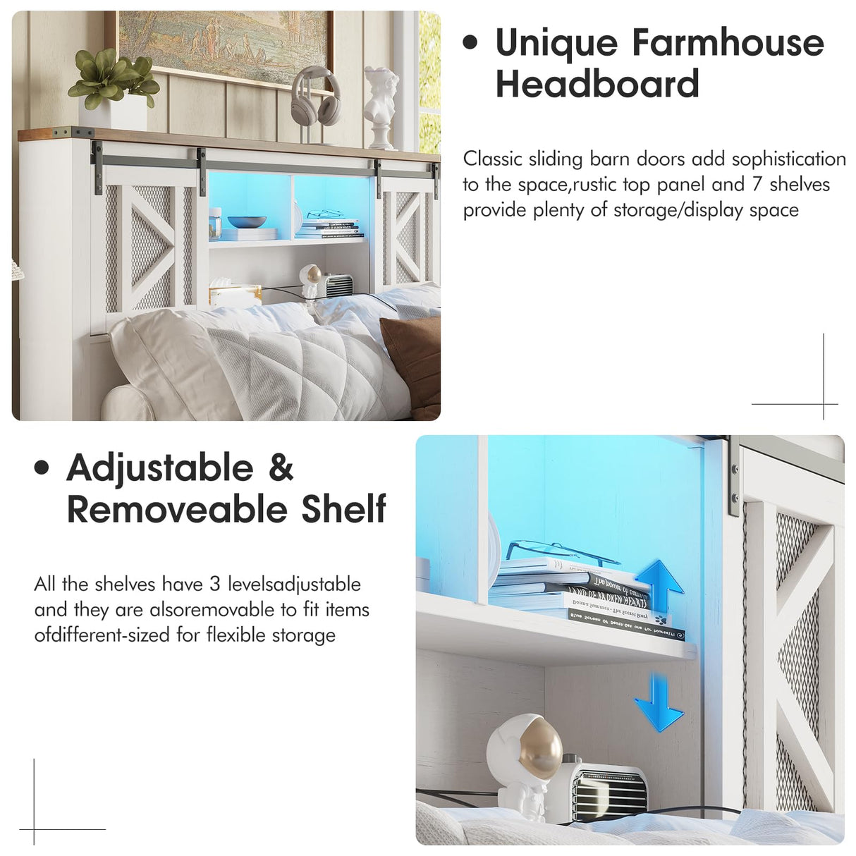 Fameill Farmhouse Full Size Bed Frame with Storage Headboard, Sliding Barn Door Design, 2-Tier Shelves Bookcase Storage, Charging Ports & USB Outlets, LED Light, No Box Spring Needed, Easy Assembly Fameill