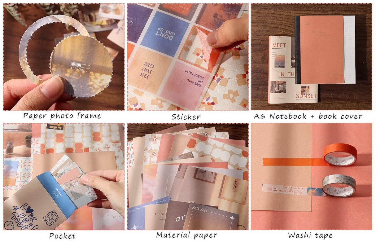 Draupnir Aesthetic Scrapbook Kit(348pcs), Bullet Junk Journal Kit with Journaling/Scrapbooking Supplies, Stationery,A6 Grid Notebook with Graph Ruled Pages DIY Scrapbook Gift for Teen Girl Kid(Sunset) Draupnir