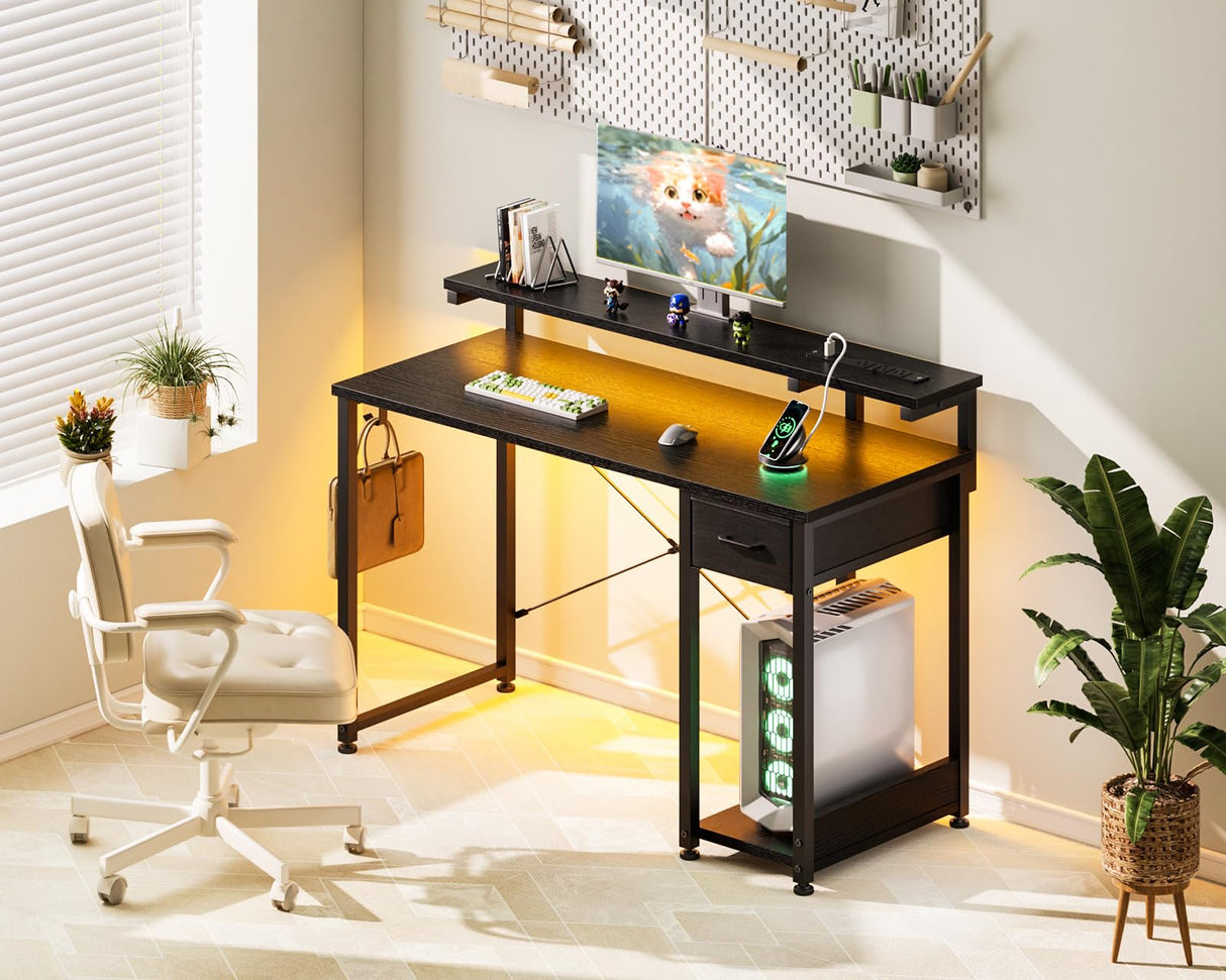 AODK Gaming Desk with LED Lights & Power Outlet, 40 Inch Computer Desk with Drawer, Reversible Desk with Adjustable Monitor Shelf & Headphone Hook for Home Office, Black AODK
