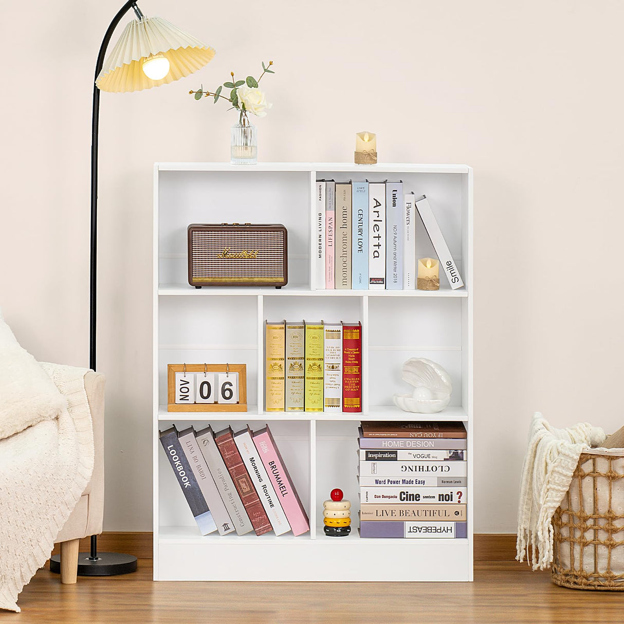 YAHARBO White 7 Cube Bookshelf,3 Tier Modern Horizontal Bookcase,Wooden Low Book Shelf Display Storage Cabinet with Base,Floor Standing Short Bookshelves Open Organizer for Bedroom,Living Room,Office YAHARBO