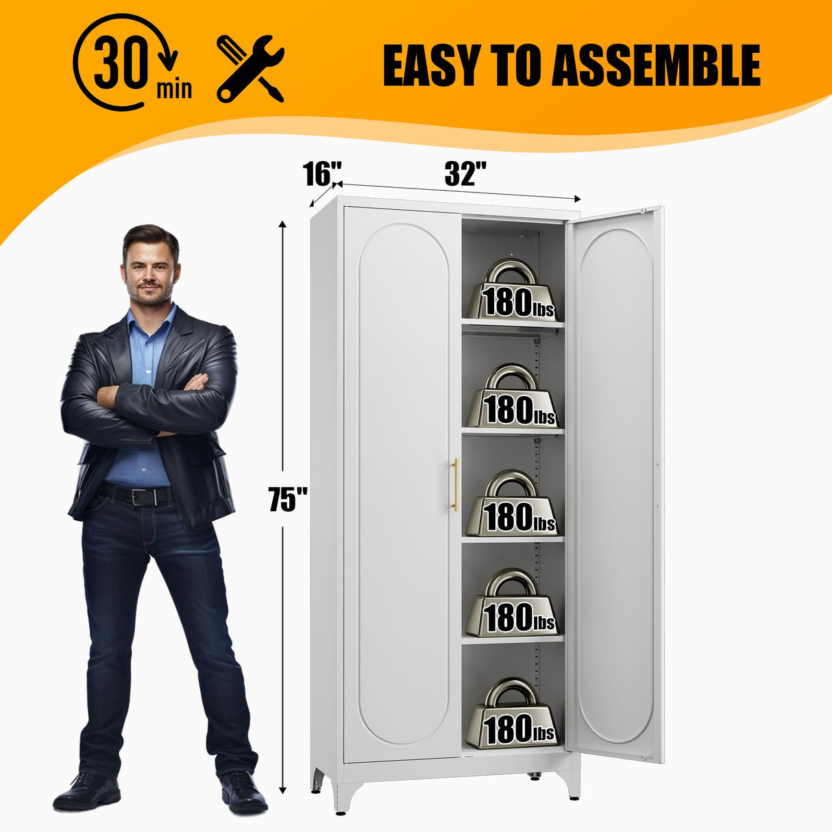 Metal Storage Cabinet with Doors, 75" Tall Kitchen Pantry Storage Cabinets, White Pantry with Adjustable Shelves, Home Office Cabinet, Large Cupboard, High Leveling Feet- Assembly Required MetalMax