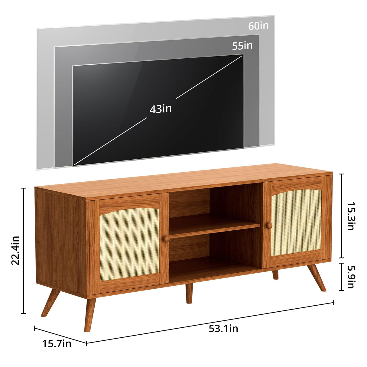DIYART Brown Rattan TV Stand for 60 Inch TV, Wooden Mid Century Modern Entertainment Center with Natural Rattan Door, Boho Media TV Console for Living Room DIYART