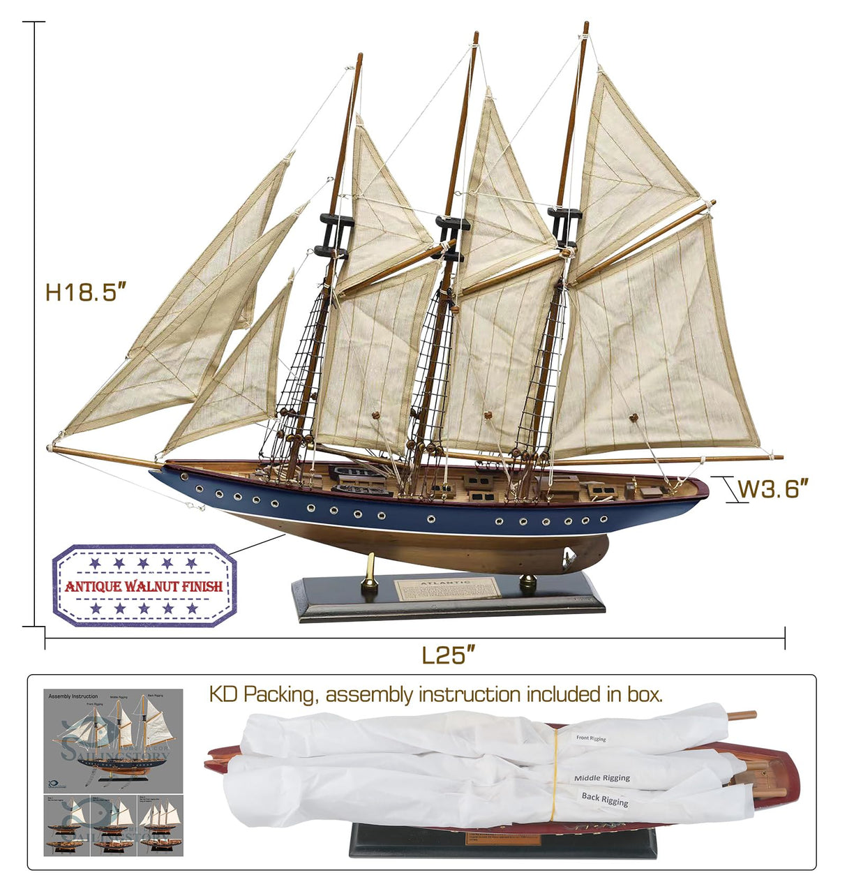 SAILINGSTORY Wooden Sailboat Model Ship Sailboat Decor 24" Schooner Atlantic 1:60 Scale Replica Blue and Walnut Antique Finish HOME DECOR SAILINGSTORY