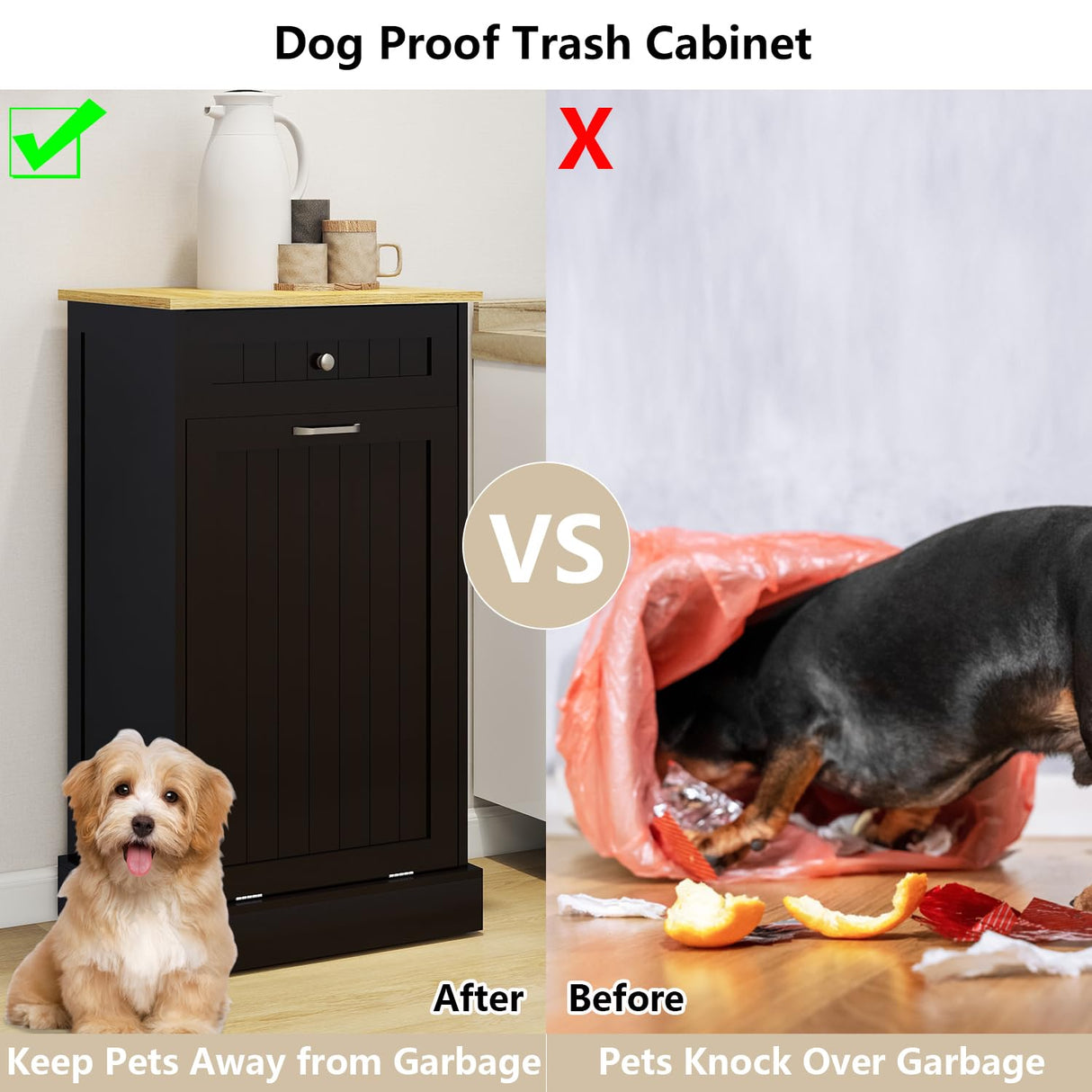 Bocarali Tilt Out Trash Cabinet, 10 Gallon Freestanding Wooden Kitchen Trash Recycling Sorter Cabinet with 2 Drawer, Tilt Out Trash Can Bin Garbage Laundry Cabinet for Living Room, Black Bocarali