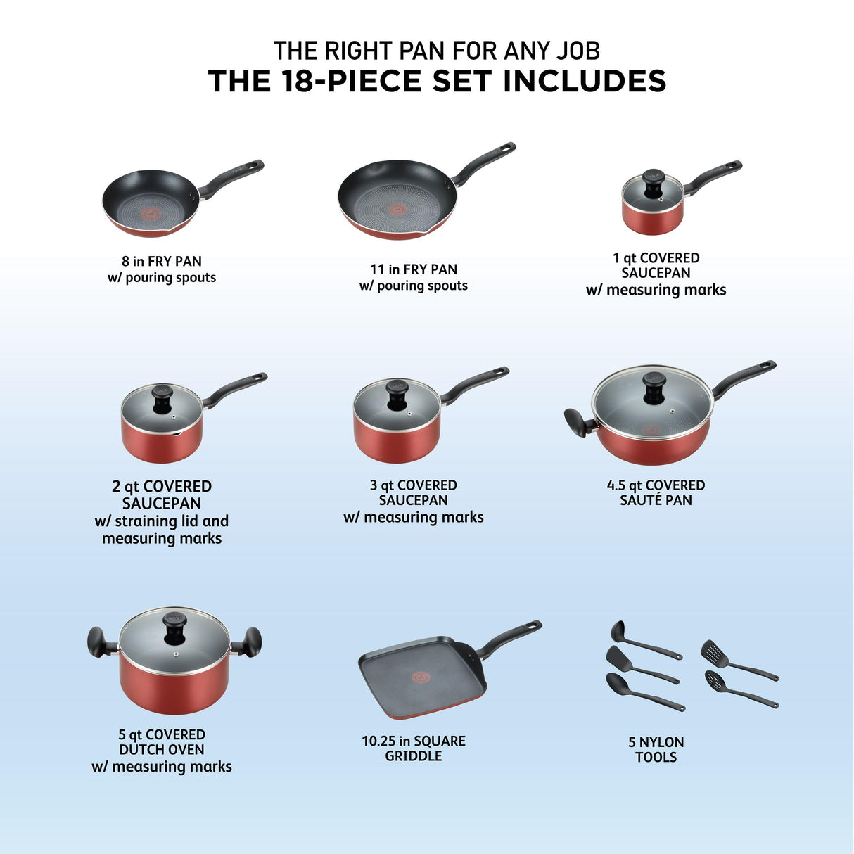 T-fal Initiatives Nonstick Cookware Set 18 Piece, Oven Broiler Safe 350F, Kitchen Cooking Set w/ Fry Pans, Saucepans, Saute Pan, Dutch Oven, Griddle, Pots and Pans, Home, Dishwasher Safe, Red T-Fal