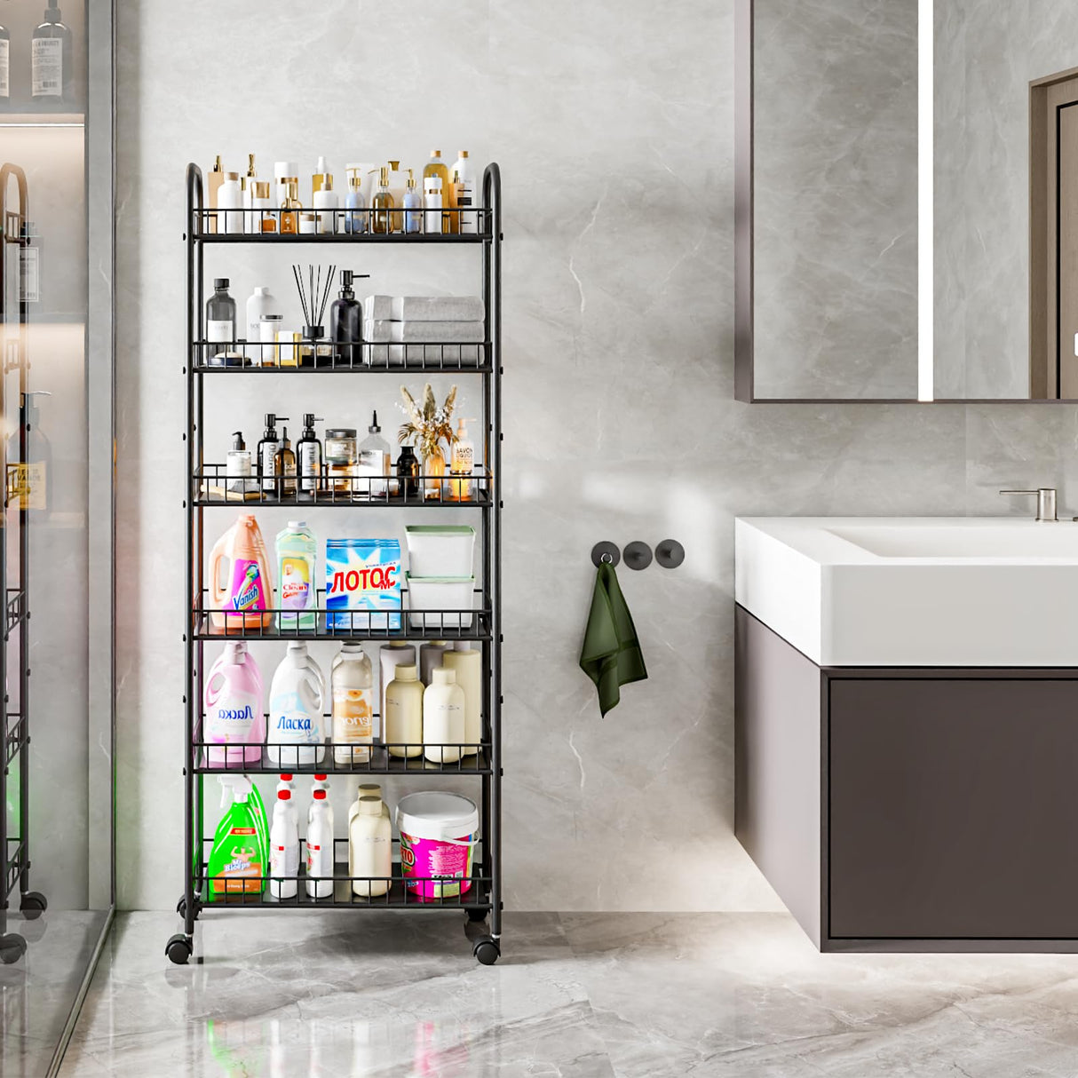 Qiaoxuan 6 Tier Slim Storage Cart with Wheels, Metal Mobile Shelving Unit Organizer Utility Cart for Office Bathroom Kitchen Laundry Room Narrow Places (6inches) Qiaoxuan