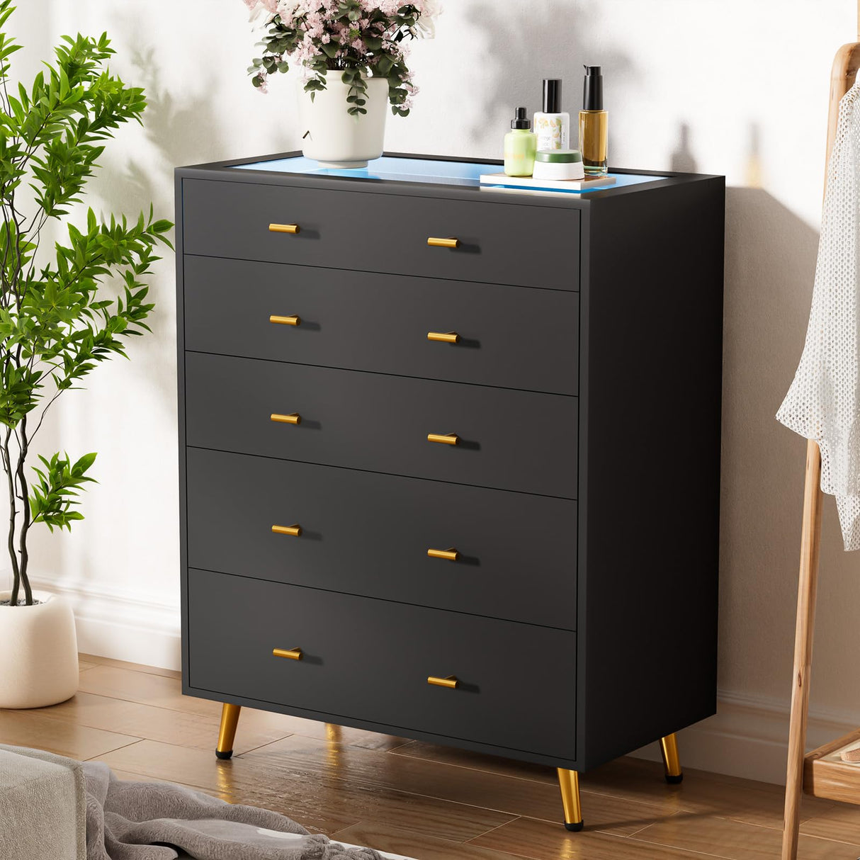 JanflyHome Drawer Dresser with LED Lights, 39" H Tall Tempered Glass Top Dresser, Modern Wood Chest of Drawers with Jewelry Organizer, Wardrobe Closet Island for Bedroom, Living Room, Black JanflyHome