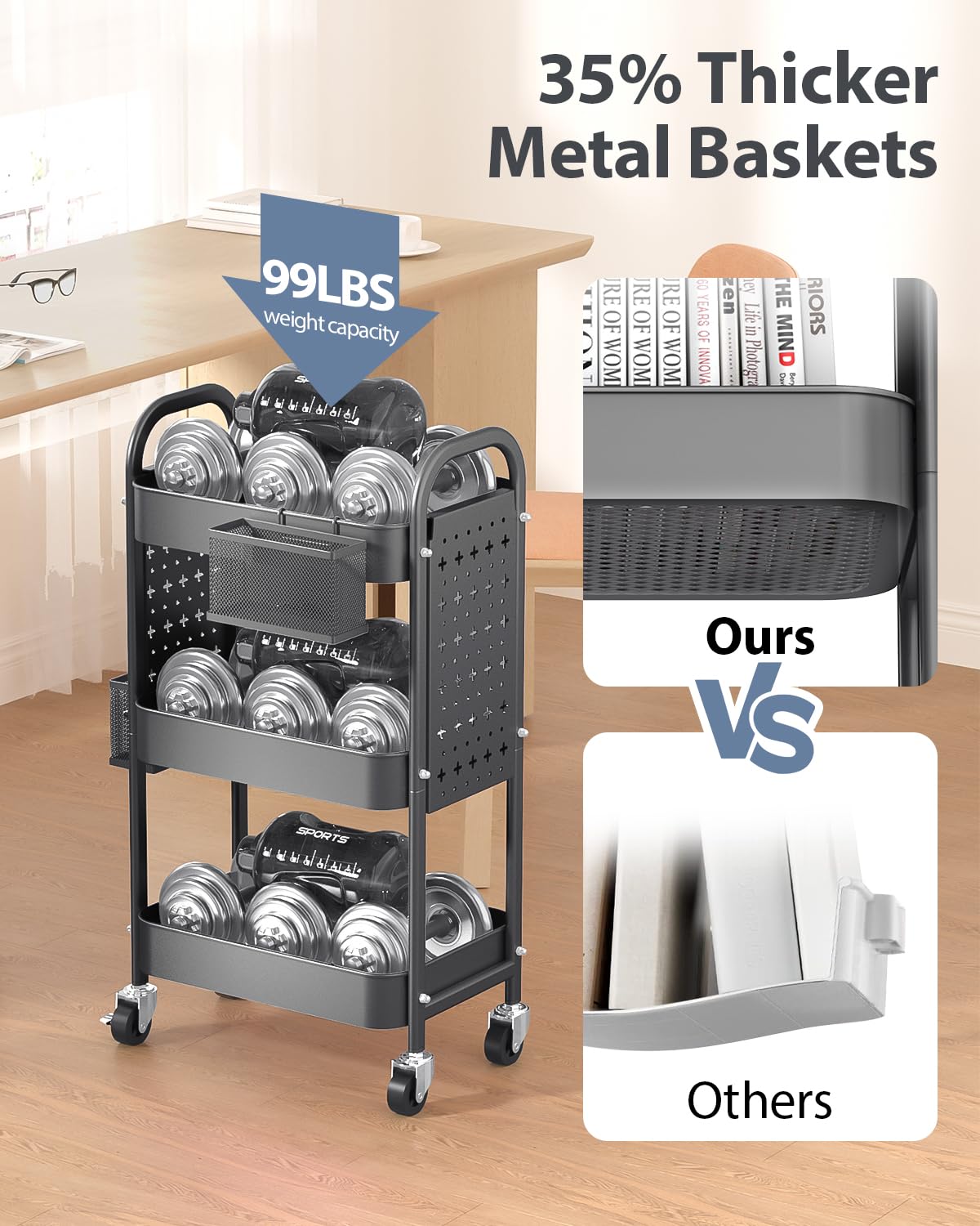 ALVOROG 3 Tier Rolling Cart with DIY Pegboards Metal Utility Cart with Wheels Handles Baskets Hooks, Storage Cart for Office Kitchen Bathroom(Gray) ALVOROG