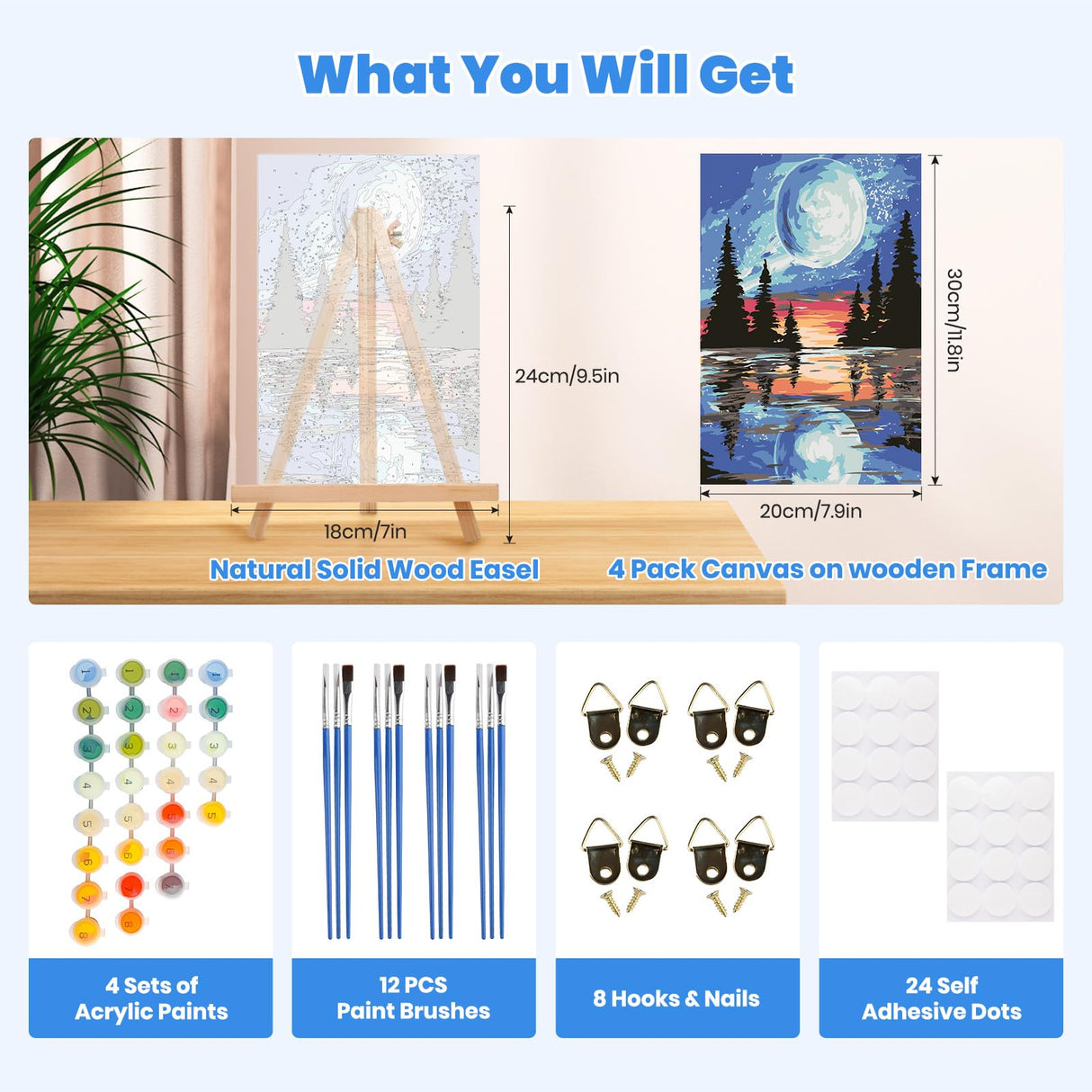 4 Pack Paint by Numbers Kits for Adults Beginners Framed Canvas, Adult Paint by Number Kit with Easel, Moon Mountain Landscapes Painting by Numbers for Beginners, Arts and Crafts for Decor 8x12inch Genius maker