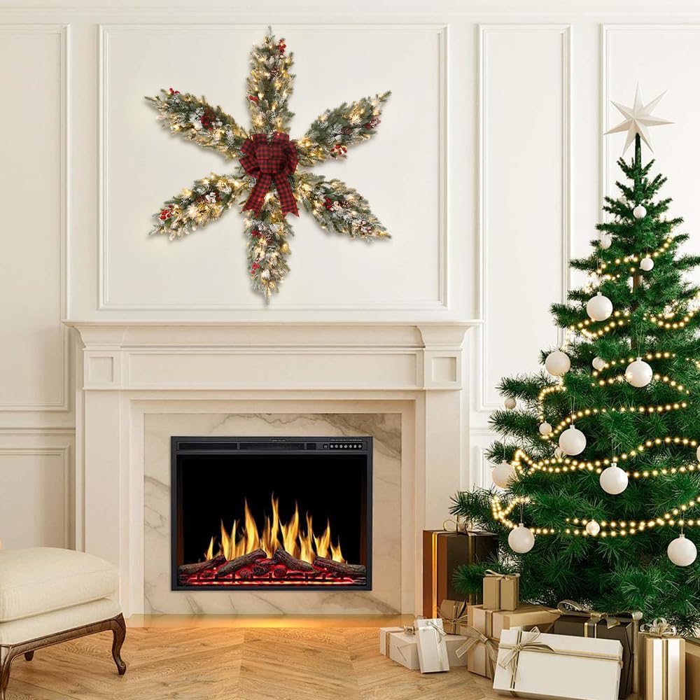 hogardeck Snowy Christmas Star Wreath, 48 Inch Artificial Large Christmas Wreath with Berry Pine Cones Bow-tie 120 Lights, Pre-lit Snowflake Wreath for Xmas Home Wall Front Door Indoor Outdoor, 4 FTï»ż hogardeck