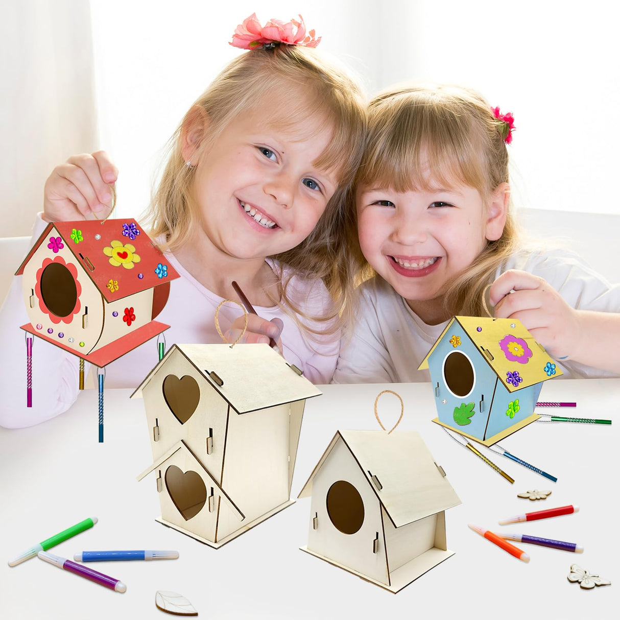 12 Sets DIY Wooden Birdhouses Wind Chime Craft Kit to Build and Paint,Wooden Unfinished Bird House with Watercolor Pen and Strips for Boy Girl Wood Crafts Creative DIY Art Bulk Painting Kits (12 Big) Cinrobiye