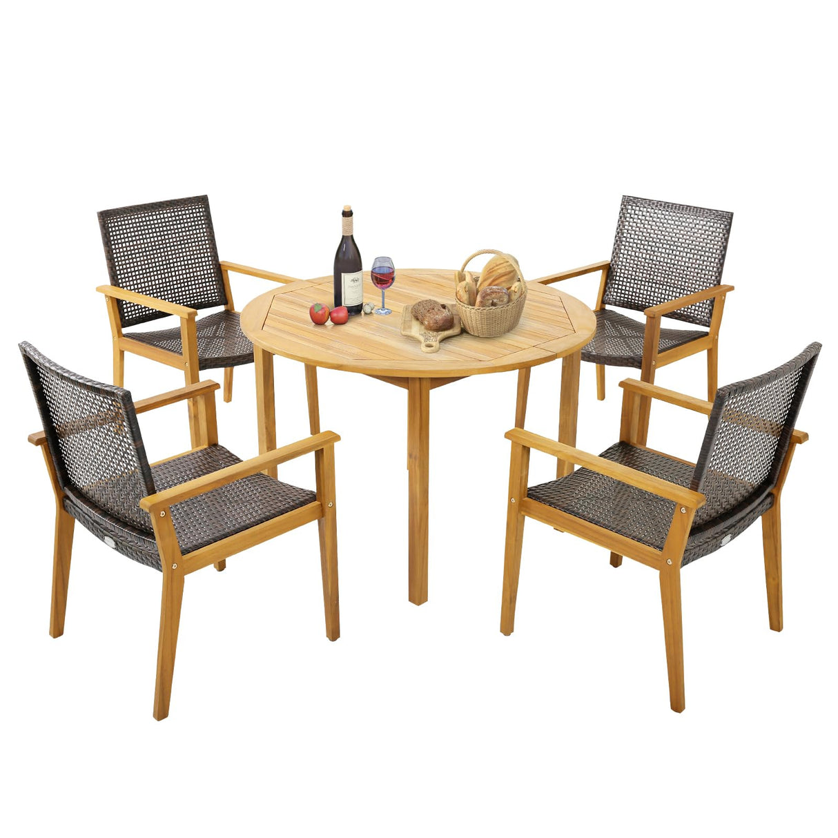 Tangkula 5 Pieces Patio Dining Set, 4 Patio Wicker Armchairs and Round Acacia Wood Dining Table, Outdoor Table and Chairs Set for Backyard, Poolside, Garden Tangkula