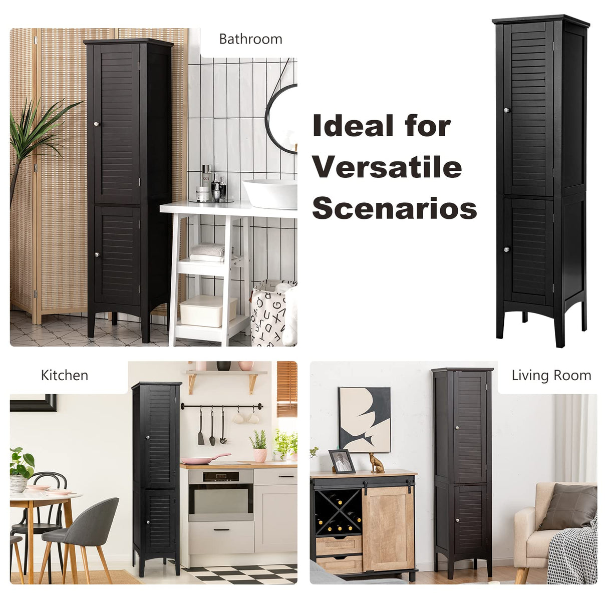 Tangkula Tall Bathroom Storage Cabinet, 5-Tier Wooden Freestanding Tower Cabinet, Narrow Storage Floor Cabinet w/ 2 Doors & Shelves for Bathroom Living Room Kitchen (Black) Tangkula