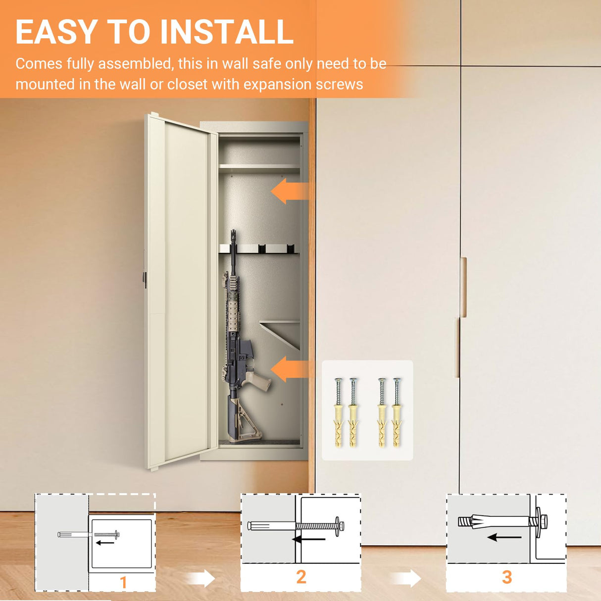 Zevemomo 53'' Tall Wall Safe, Gun Cabinets for Rifles and Shotguns with 2 Removable Shelves and Adjustable Gun Rack, in Wall Gun Safe between Studs for Gun, Money, Beige Zevemomo