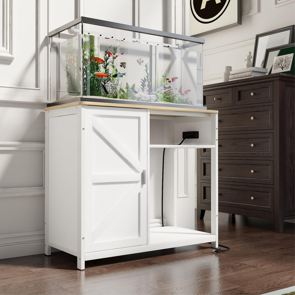 TRYKERPET 40 Gallon Fish Tank Stand, Aquarium Stand with Power Outlets, Cabinet for Fish Tank Accessories Storage, Heavy Duty Breeder Tank Suitable for Turtle Tank, Reptile Terrarium, 440LBS Capacity TRYKERPET