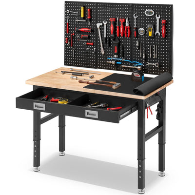 ENJOYWOOD Workbench for Garage with Drawers 48 x 24 Inch Rubberwood Tabletop Work Table with Pegboard, Power Outlets Adjustable Height Work Bench for Woodworking Shop, Home, Office