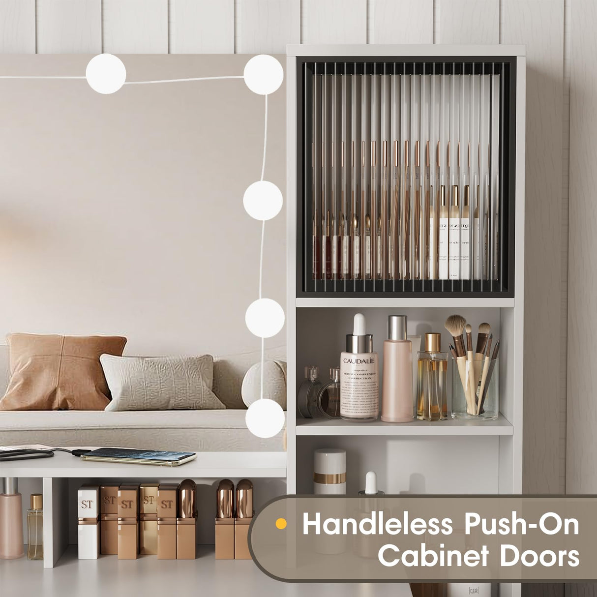 Fameill Vanity with Mirror and Light, Makeup Vanity Desk with 3 Color Lighting, White Vanity with Charging Station and Clothes Hook, Large Vanity Set with Lots Storage, Black Metal Frame Fameill