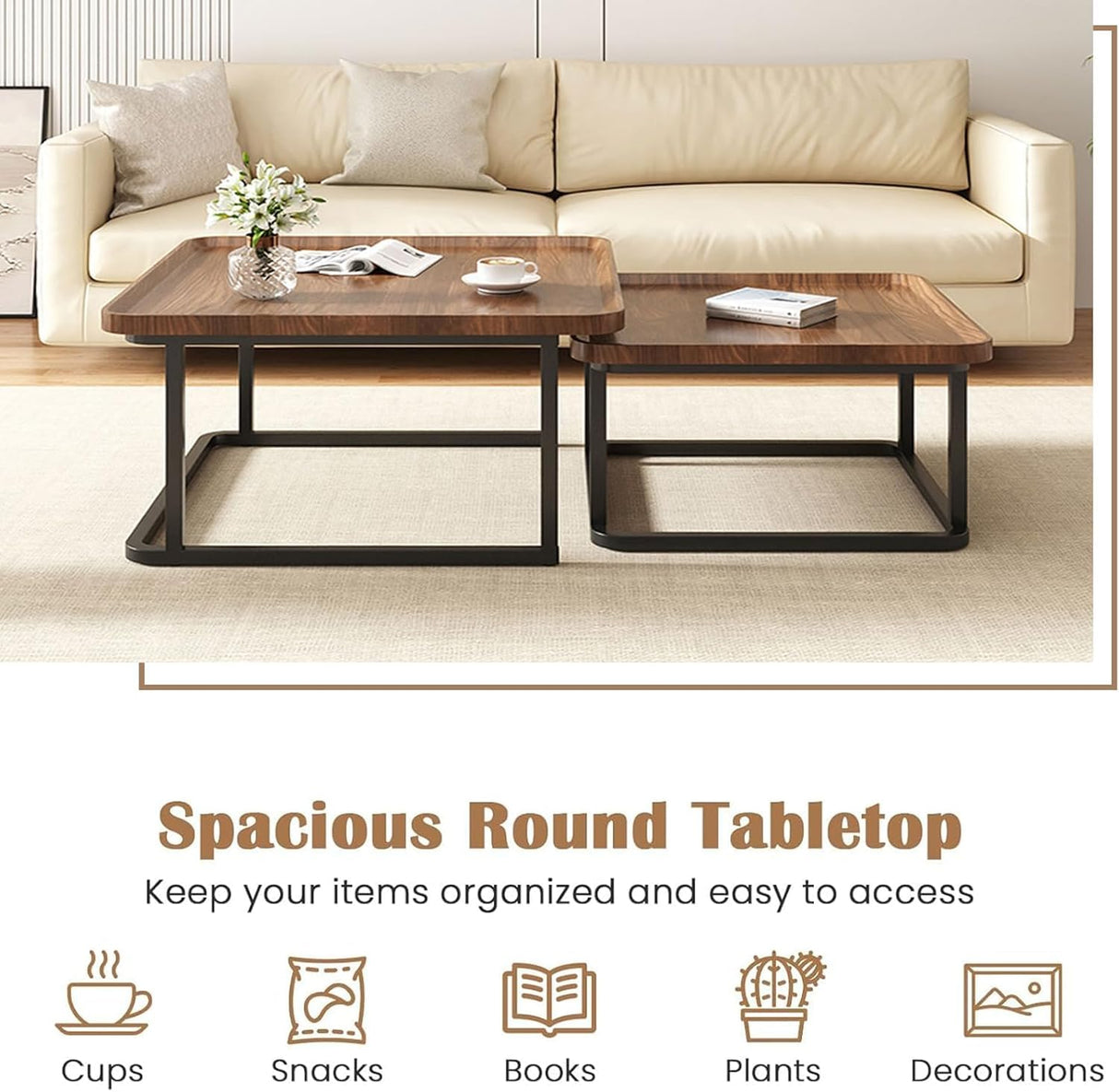 Windpost Square Nesting Coffee Table Set of 2, 23.6"+19.7" Nesting Tables,Small Square Coffee Table with Fluted,Center Table for Living Room Bedroom Office Balcony Yard (Walnut) Windpost