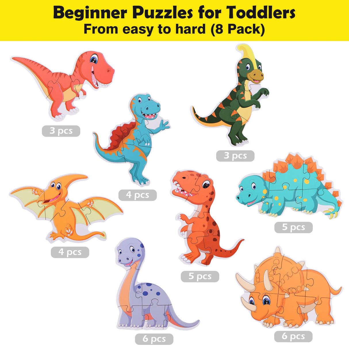 BEESTECH Beginner Dinosaur Puzzles for 2, 3, 4 Year Old Toddlers, 8 Pack Jigsaw Floor Puzzles, Educational Learning Puzzles for Toddlers, 8 Different Dinosaurs with Dinosaur World Map Beestech