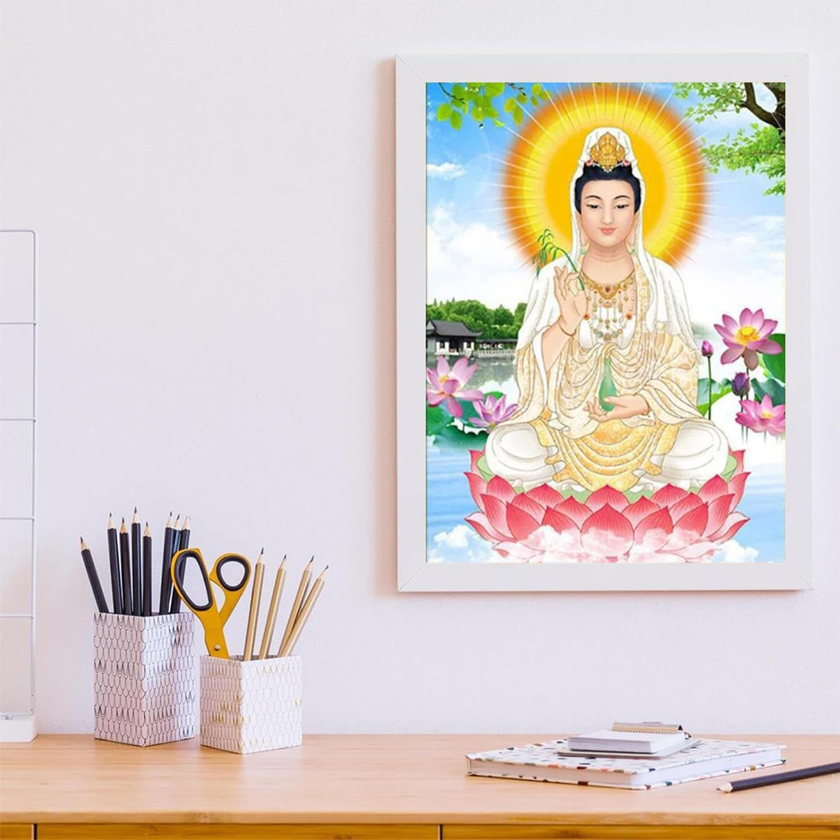 DIY 5D Diamond Painting Kits Full Drill Guanyin Bodhisattva, Buddha Statue Crystal Cross Stitch Wall Decorations for Living Room Art Kit 12x16 inch KAYEIUU