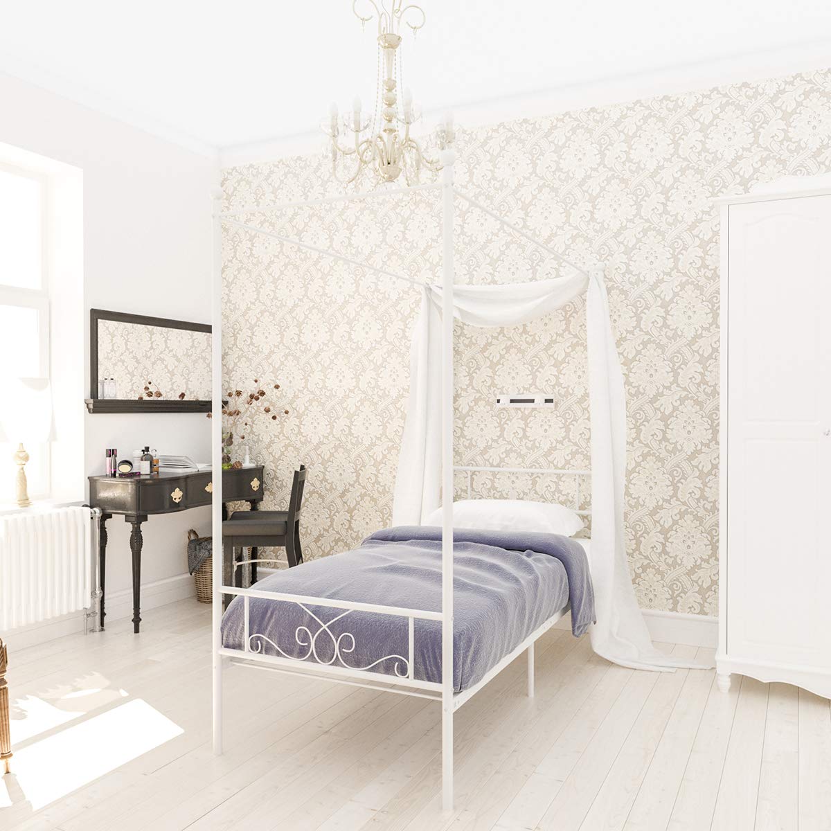 Weehom Twin Canopy Bed Frame with Headboard and Footboard, 4 Posters Metal Bed Frame, No Box Spring Needed, Mattress Foundation Platform Bed for Kids and Adults, White Weehom