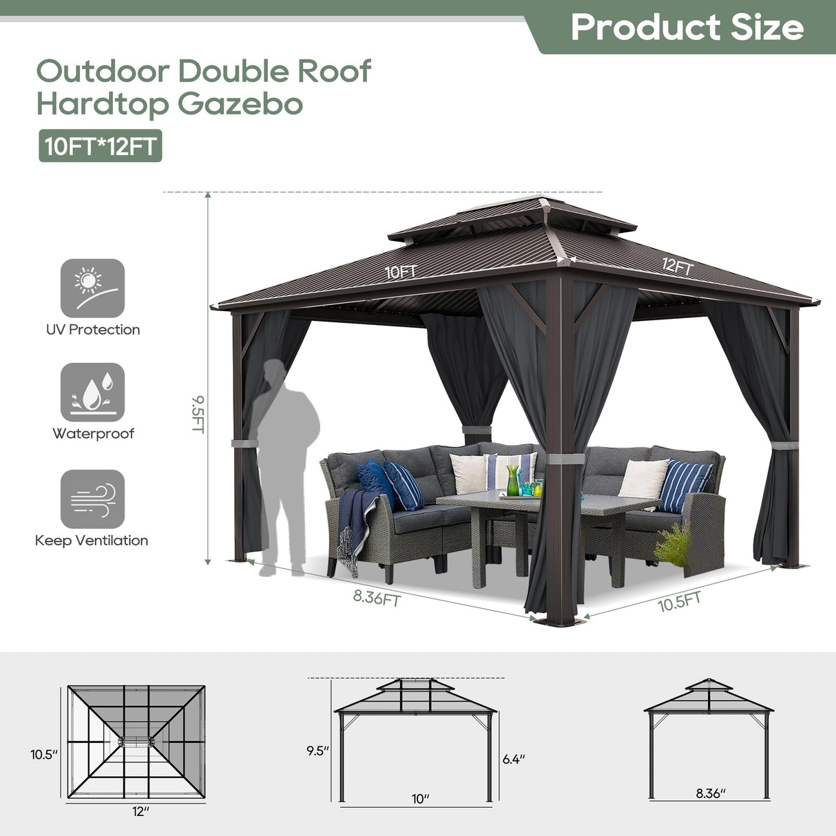 Sumshadow 10' x 12' Hardtop Gazebo, Aluminum Frame Canopy with Galvanized Steel Double Roof, Metal Pavilion with Netting and Curtains, Patio Hard Top Gazebo for Patio, Lawns, Deck, Backyard,Grey Sumshadow