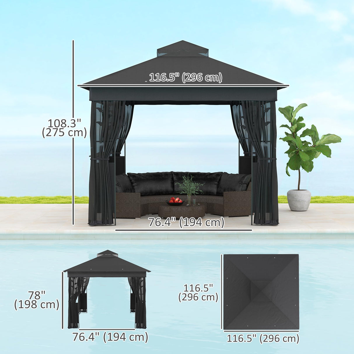Outsunny 10' x 10' Outdoor Gazebo with Shelves and Netting, Double Roof Patio Gazebo Canopy Shelter, UV30+ Protected for Lawn, Backyard and Deck, Dark Gray Outsunny