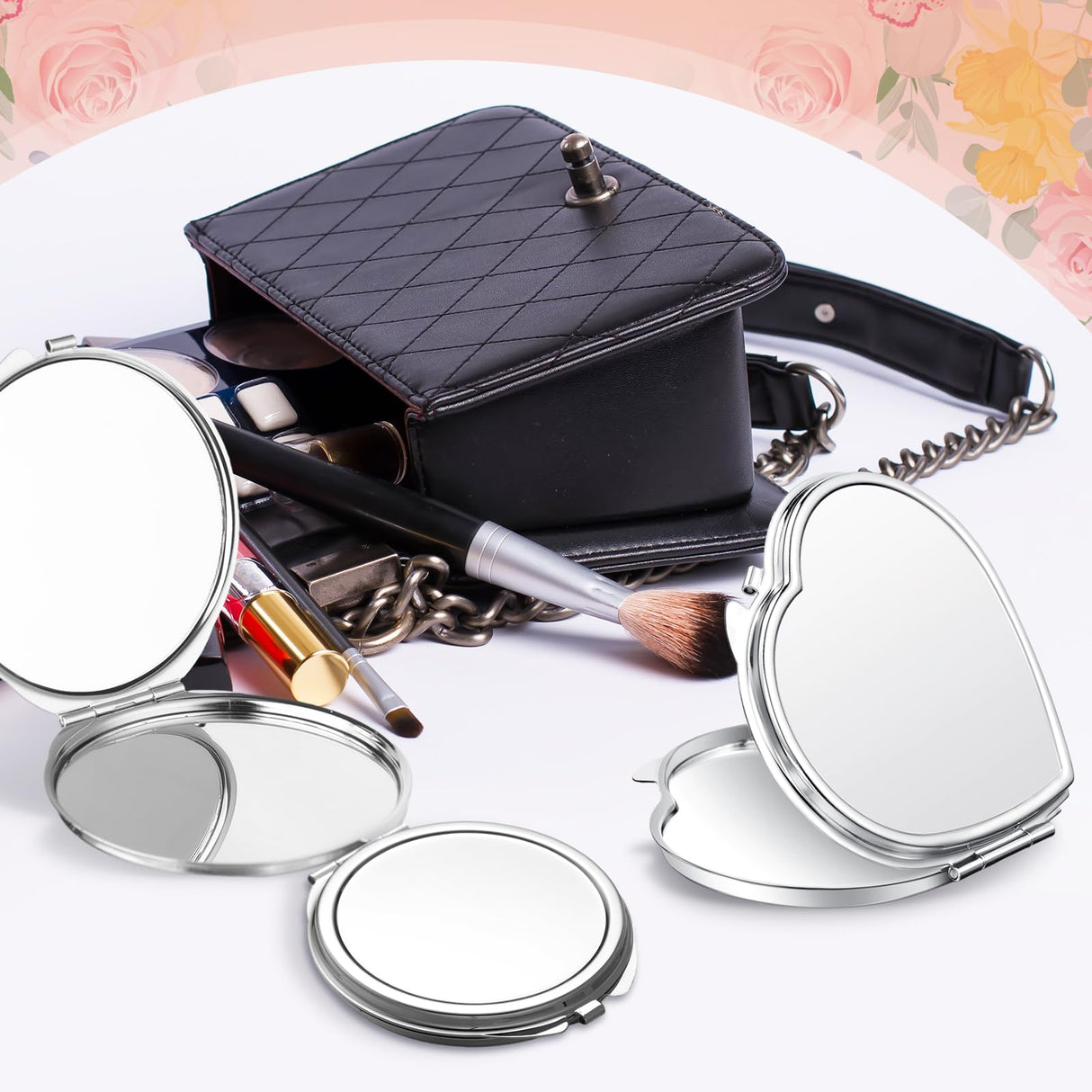 Jetec 6 Pcs Sublimation Blanks Products Small Compact Mirror Bulk Heat Transfer Folding Pocket Makeup Mirror Heart Round Double Sided Handheld Mirror Sublimation Mirror for Women Gift Purse Travel Jetec