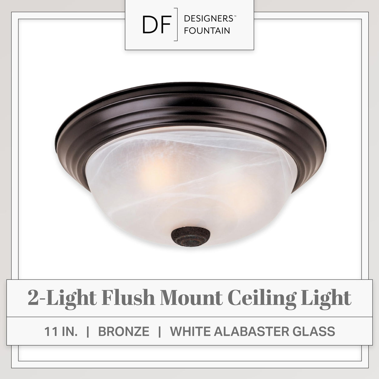 DESIGNERS FOUNTAIN 2-Light Flush Mount Ceiling Light, 11 Inch Lighting Fixture for Kitchen, Bedroom, Bathroom, and Hallway, White Alabaster Glass, Oil Rubbed Bronze, 1257S-ORB-AL DESIGNERS FOUNTAIN