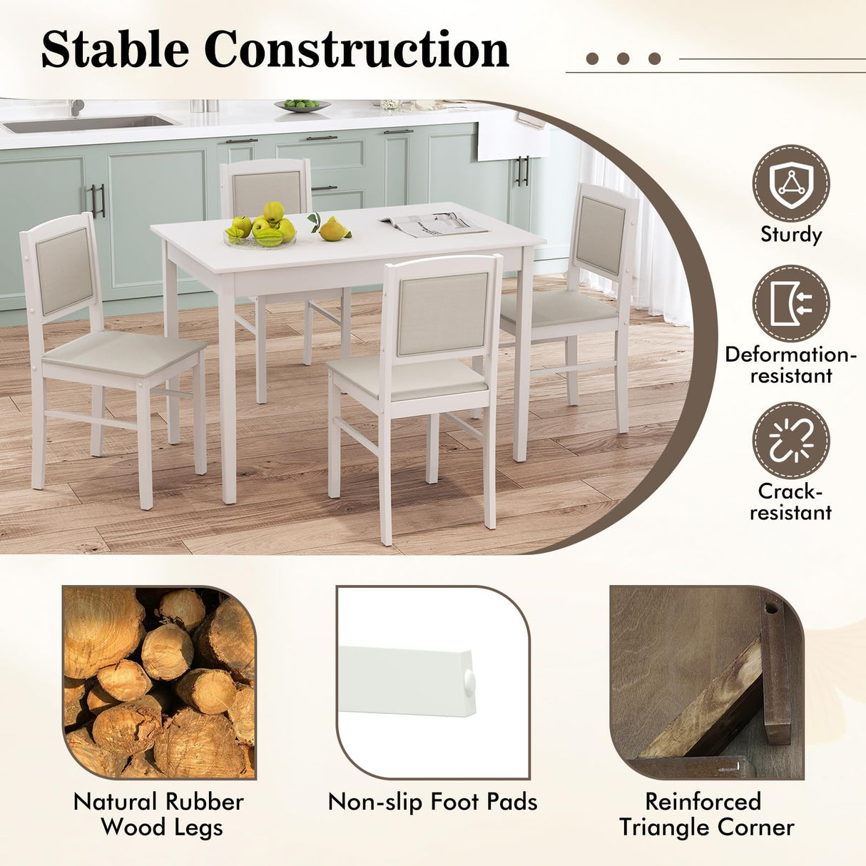 Tangkula Dining Table Set for 4, Farmhouse Solid Wood Dinette Set w/Rubber Wood Legs, Upholstered Seat & Padded Backrest, Mid-Century Modern Dining Table and Chairs Set for Kitchen, Dining Room Tangkula