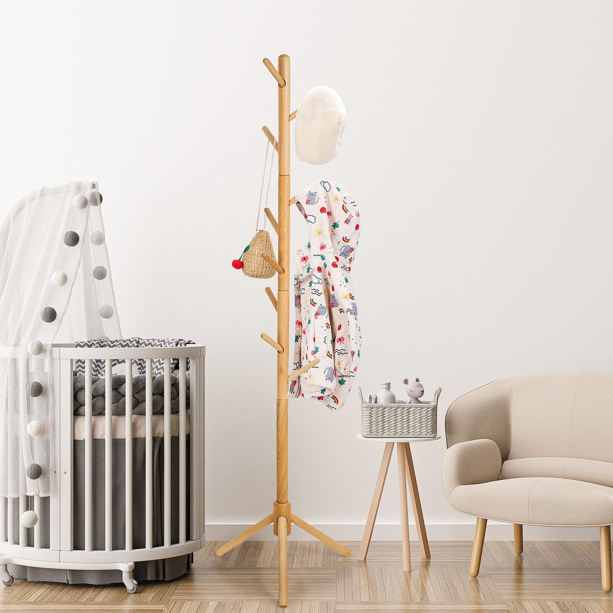 Cozivolife Kid's Coat Rack Stand Beech Wood Clothes Tree, Height Adjustable Freestanding Child Jacket Holder with 9 Hooks, Hanging Hats and Handbags, Hallway, Entryway,Bedroom, Easy Assembly (Natural) Cozivolife
