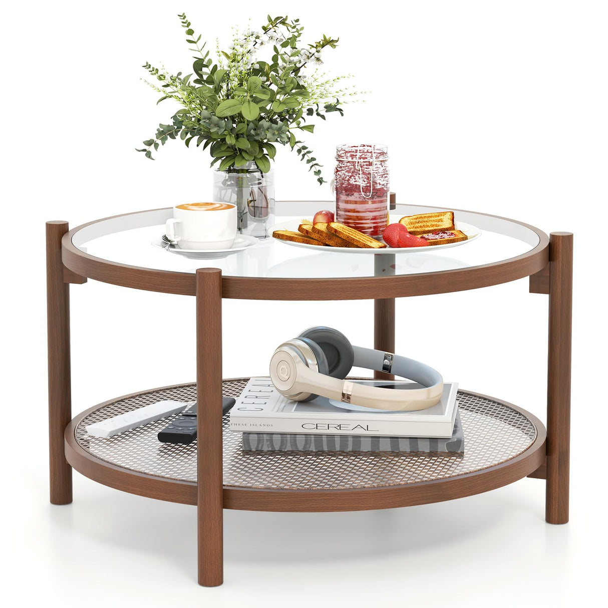 Giantex Rattan Coffee Table, Boho Round Glass Tea Table with PE Rattan Storage Shelf & Wood Frame, 2 Tier Accent Center Table for Living Room, Apartment, Small Space Giantex