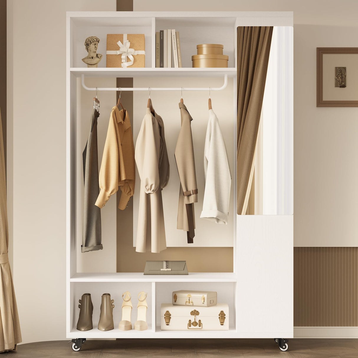 IRONCK Closet Racks on Wheels with Mirror and 10 Shelves, Portable Freestanding Wooden Closet Garment Rack with Hang Rod, White IRONCK