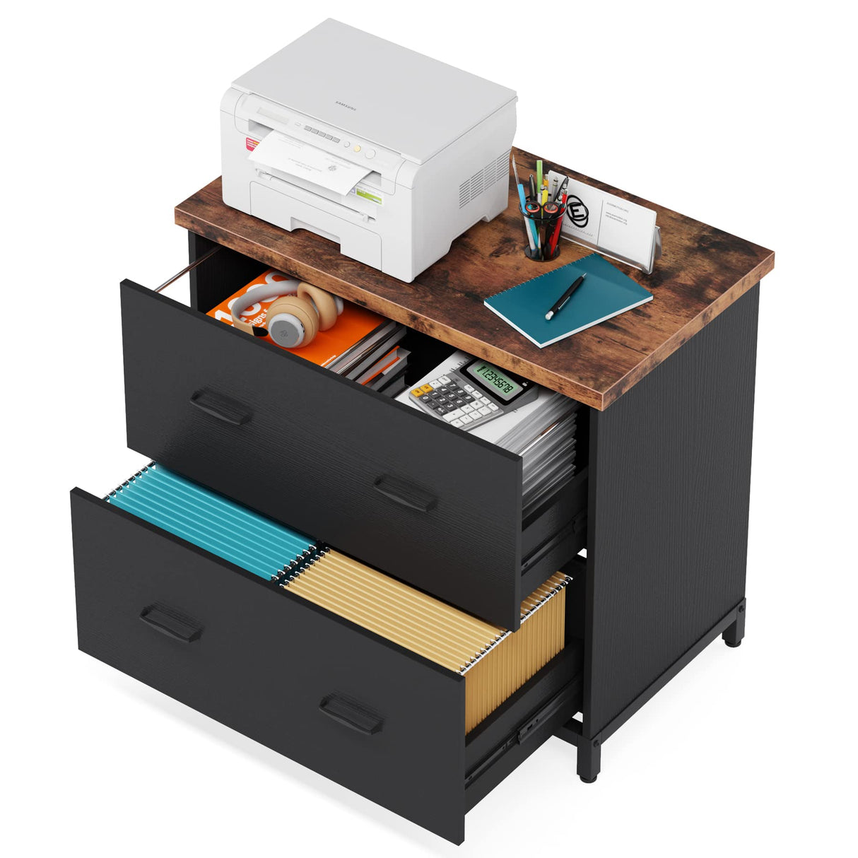 Tribesigns 2-Drawer File Cabinet, Wood Lateral Filing Cabinet, Home Office File Cabinet for A4, Letter Size, Rustic Brown & Black Tribesigns