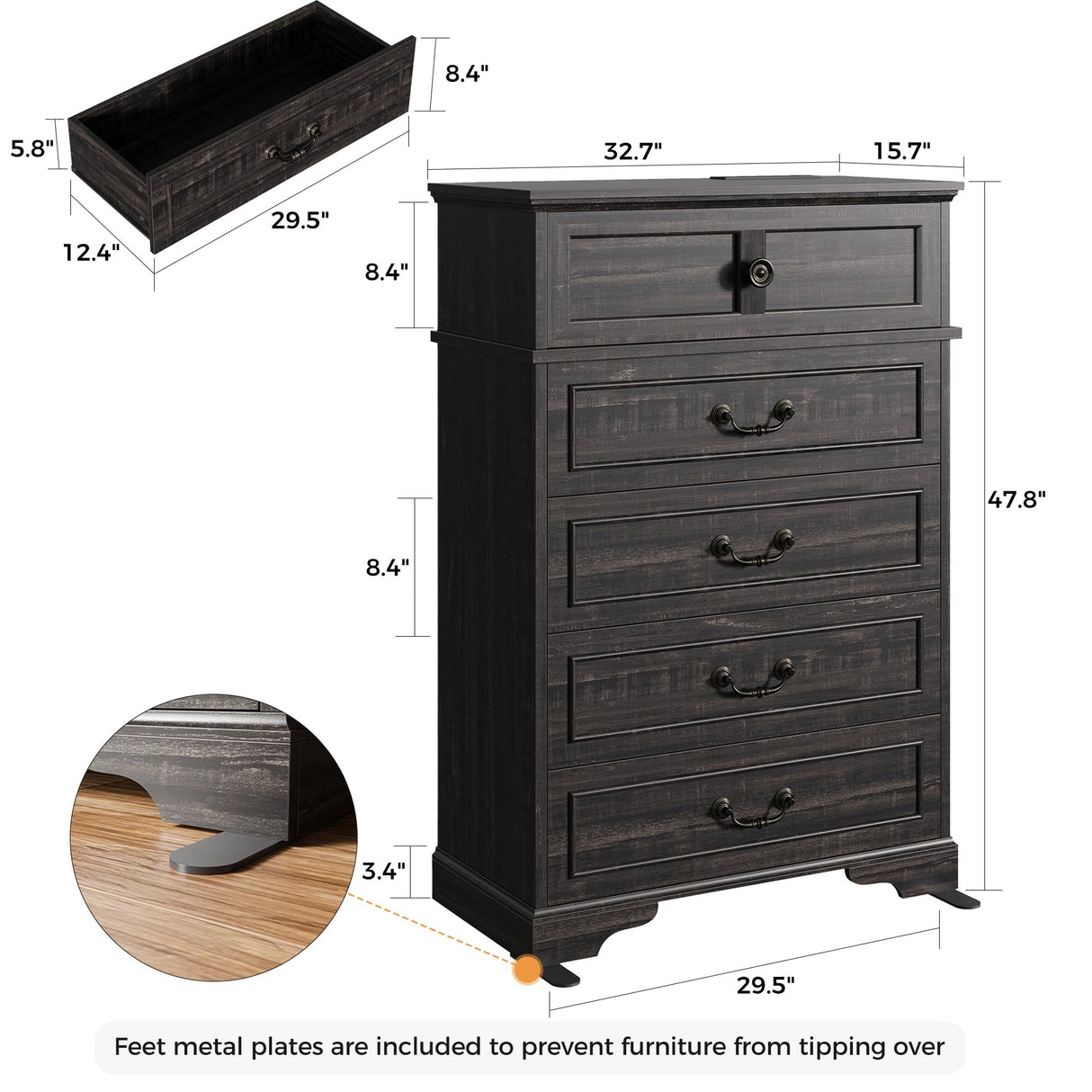 IRONCK 5 Drawer Dresser for Bedroom, Farmhouse Chest of Drawers with Charging Station, Vintage Drawer with Natural Texture, 47.8" Tall Dresser for Living Room, Hallway, Charcoal IRONCK