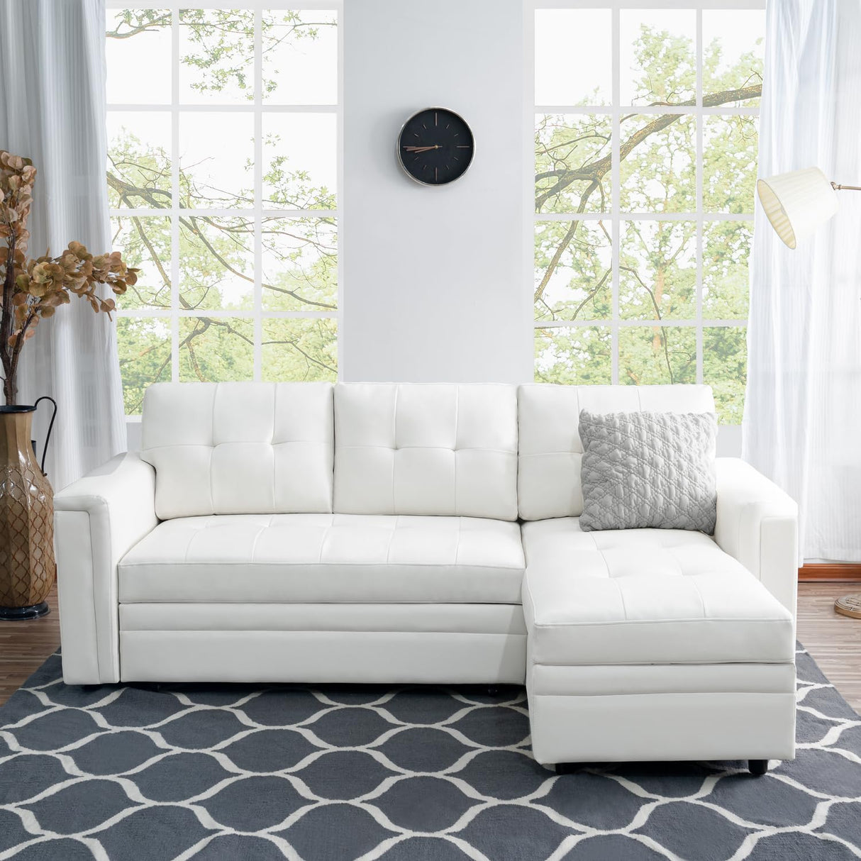 Naomi Home L-Shaped Sectional Sleeper Sofa with USB Ports - Convertible Pull-Out Bed, Ample Storage, Timeless Design, Durable Construction, White/Air Leather Naomi Home