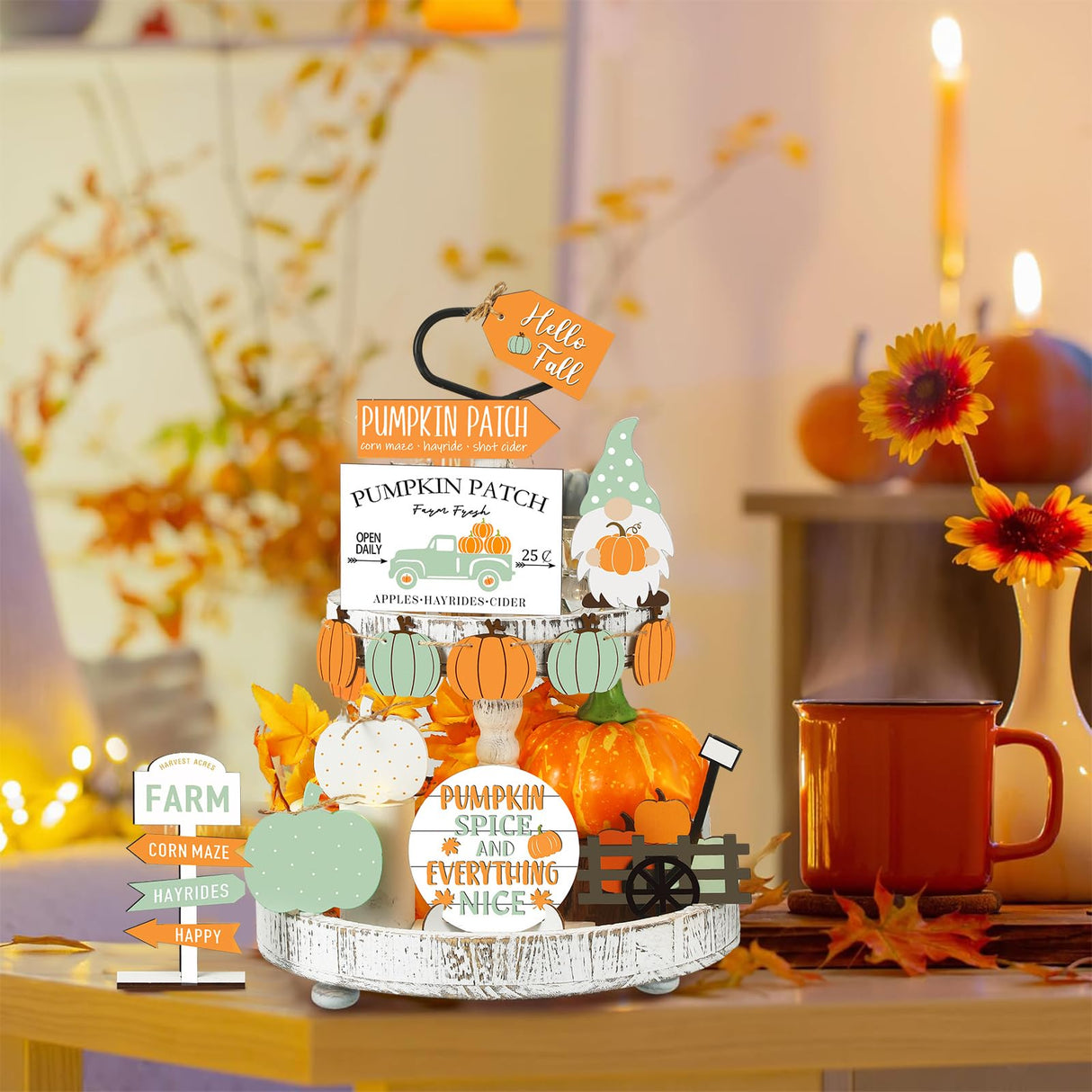Sumind 15 Pcs Fall Tiered Tray Decor Set Hello Fall Decor Autumn Wood Signs Thanksgiving Orange Brown Table Signs Farmhouse Wooden Maple Pumpkin Gnomes Tabletop for Festival Home Decor (Gnomes) Sumind