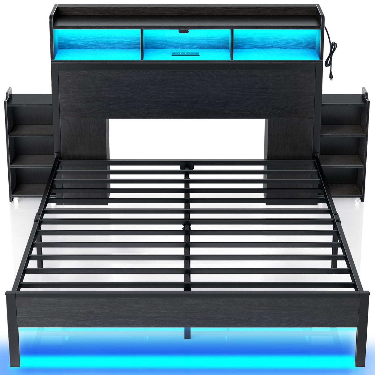 Rolanstar Bed Frame Full Size with Bookcase Storage Headboard, Slide Out Bedside Storage, Bed with Charging Station & LED Lights, Heavy Duty Metal Slats, No Box Spring Needed, Noise Free, Black Rolanstar