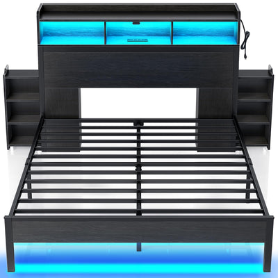 Rolanstar Bed Frame Full Size with Bookcase Storage Headboard, Slide Out Bedside Storage, Bed with Charging Station & LED Lights, Heavy Duty Metal Slats, No Box Spring Needed, Noise Free, Black